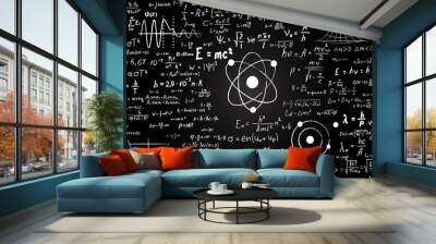 Blackboard inscribed with scientific formulas and calculations in physics and mathematics. Can illustrate scientific topics tied to quantum mechanics, relativity theory and any scientific calculations Wall mural