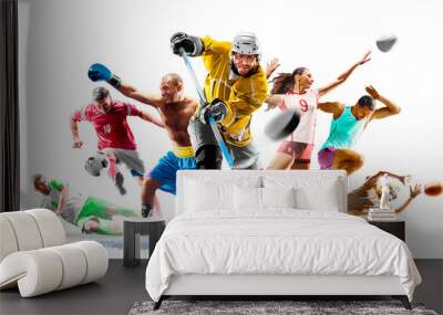 Multi sport collage football boxing soccer voleyball ice hockey running on white background Wall mural