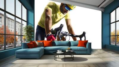 Professinal road bicycle racer isolated in motion on white Wall mural