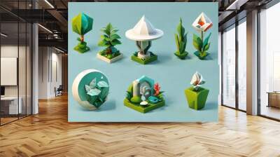 Design a set of 3D minimalist garden icons, using simple geometric shapes and a clean color palette.

 Wall mural