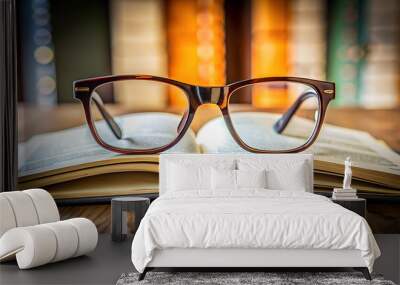 A pair of eyeglasses resting on top of an open textbook placed to the right, leaving room on the left for a message or logo. Wall mural