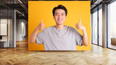 Asian young man posing on a yellow background Wall mural