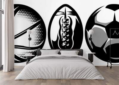 Set of stylish sports balls for soccer, basketball and american football Wall mural