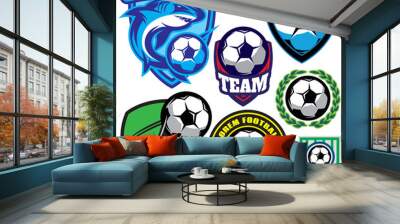 sports badge with a soccer ball and shark for the team, colored vector illustration Wall mural