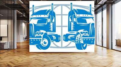 Two heavy truck trailers on the background of the planet. Template, element for the design of advertising, style, logo. Vector color illustration Wall mural