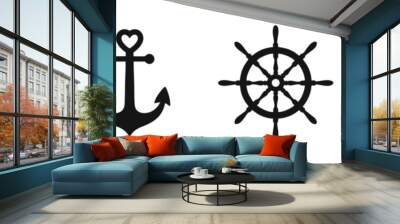 Anchor and steering wheel vector icons. Anchors and rudder icon set. Wall mural