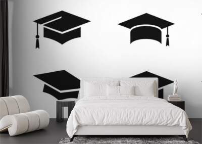 Graduation hat icons. Academic cap. Graduation student black cap. Wall mural