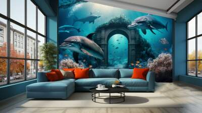 Underwater world with reefs and dolphins. Generative Ai. Wall mural