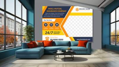 A horizontal web banner. small mutual insurance company horizontal flyer. blue background and diagonal orange and yellow on elements. Space for photo collage. Online advertising for online marketing. Wall mural