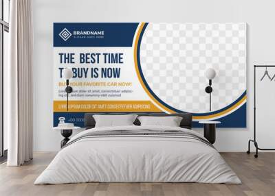 abstract flyer template design use a headline is the best time to buy car. Horizontal layout with space for photo collage on half circle shape. white background with blue orange colors on elements Wall mural