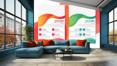 Abstract flyer with orange and green of wave element design. Magazine or brochure, vector design smooth wave curve. white background. square icon. Space for photo.  Wall mural