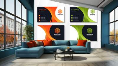 Abstract modern Business card Design Template with curve element use orange and green colors in white and dark blue background. horizontal layout with square icon.  Wall mural