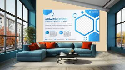 Blue flyer  template design with example headline is A healthy lifestyle. Hexagon for space of photo collage. Advertising designs with horizontal layout. Grey gradient background with blue element.   Wall mural