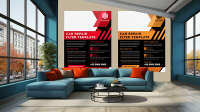 car repair flyer template designs with space for photo collage on top. Combination red and gold on element design, black on background, and white in text. Vertical layout of ad. diagonal shape.  Wall mural