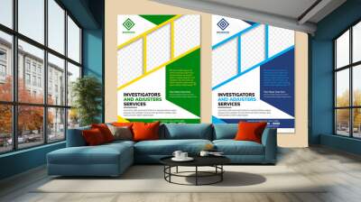 Case Study Template design. Investigators and adjusters service Booklet Layout with blue, green and yellow colors elements. vertical Flyer Template with space for photo and text Wall mural