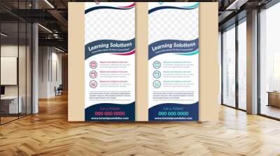 collection of Learning solutions online class banner template design with vertical layout with white background. blue and red on elements. wavy shape for space of photo collage and text. roll up sign. Wall mural