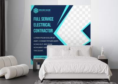 electrical contractor service banner use square layout with dark blue on background and light blue element design. Flash power shape for space of photo.  Wall mural