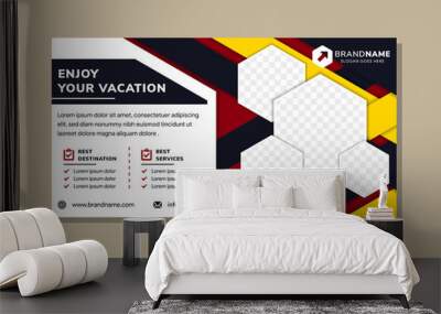 enjoy your vacation banner with horizontal layout. modern paper cut style use four combinations colors. Hexagon shape for space of photo collage. The colors are yellow, blue, white, and red.  Wall mural