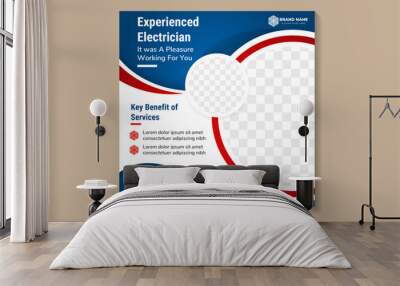 experienced Electrician services promotional Square banner social media post or advertisment ads design template. circle space or photo collage. square layout with blue and red colors on element. Wall mural