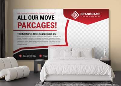 flyer template design with headline is all our move packages. space of photo collage and text. Advertising banner with horizontal layout. red gradient elements with white background. triangle pattern Wall mural