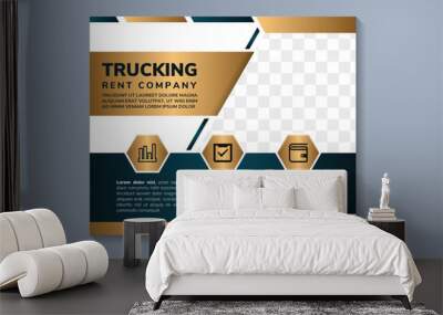 flyer template design with headline is trucking rent company. space of photo collage and text. Advertising banner with horizontal layout. green and gold gradient elements with white background. Wall mural