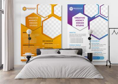 geometric hexagon flyer with hexagon layout space for photo collage. gradient orange and blue colors.  Wall mural