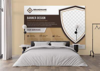 home security design and technology flyer design template use horizontal layout. multicolored brown background combined with white and grey colors. Shield shape for space of photo collage. Wall mural