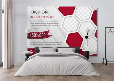 Illustration for your business presentations. Brochure or flyer. horizontal layout. flat red color. hexagon shape on right side for place of photo collage. diagonal shadow pattern. Fashion template Wall mural