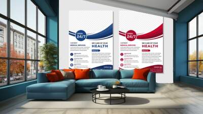 Medical Flyer template. poster pamphlet brochure cover design use vertical layout in white background, two colors scheme are red and blue, vector template in A4 size. Space for photo collage.  Wall mural