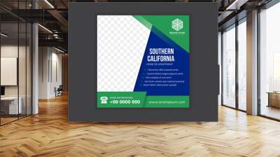 Real Estate Social Media Post Template, Editable Post Template Social Media Banners. The banner headline is southern California home and apartment. Space for photo with green element, gold background. Wall mural