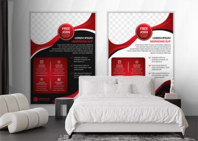 Set of Vector design of the black and red flyers with places for photo. Vector templates for your business in A4 size. Wave element with black and white background.  Wall mural