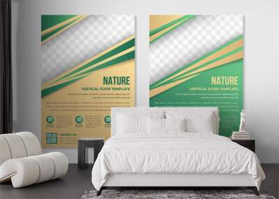 Set of vertical layout of flyer design template for nature. diagonal shape for space for photo. triangle brown and green element. green and brown background with infographic ornament. Wall mural