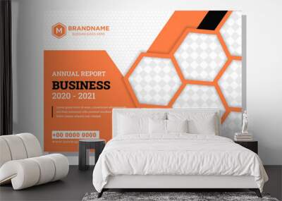 the design of annual report book cover for business use horizontal layout and combination four colors are orange, black, grey and black. Hexagon shape as space for photo collage and pattern.  Wall mural