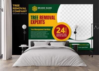 Tree removal experts service flyer design template. Tree trimming and management services poster leaflet design. Lawn service banner design with space for photo collage. green and yellow background. Wall mural