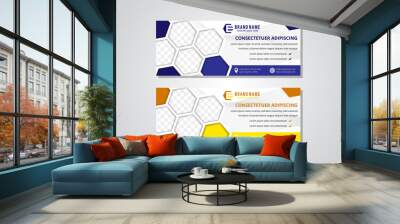 Vector abstract blue amd yellow horizontal banners with geometric hexagonal background. Hexagon space for photo collage. grey wave line pattern on  white background.  Wall mural