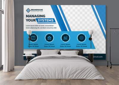 Vector abstract horizontal banner with multicolored blue modern futuristic hi-tech background. managing your system flyer design template with diagonal photo space. Wall mural