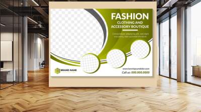 vector abstract horizontal layout banner with curve green gradient and black elements in white modern background. fashion clothing and accessory boutique flyer template with space for photo and text. Wall mural