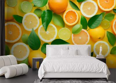 A group of citrus fruits with leaves - fruit background wallpaper Wall mural