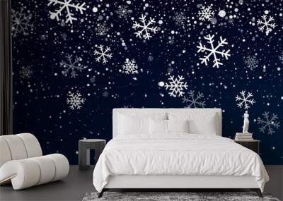 Snow. Realistic snow overlay background. Snowfall, snowflakes in different shapes and forms. Snowfall isolated on transparent background Wall mural