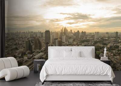 Bangkok sunrise, Aerial panorama city scape view on metropolis of Thailand Wall mural