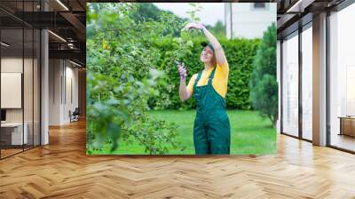 professional gardener at work. smiling young woman pruning apple tree in the yard. garden worker trimming plants. gardening service, horticulture and business concept Wall mural