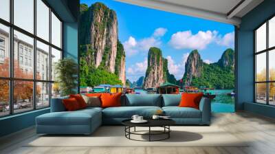 Floating fishing village and rock island in Halong Bay, Vietnam, Southeast Asia. UNESCO World Heritage Site. Junk boat cruise to Ha Long Bay. Landscape. Popular landmark, famous destination of Vietnam Wall mural