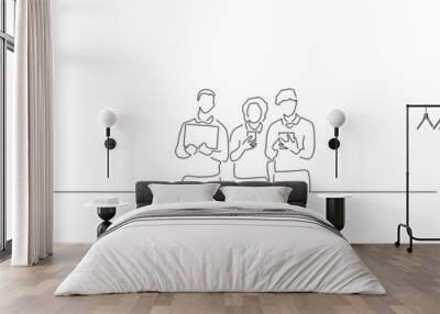 Group of friends in line art drawing style. Composition of people using technology. Black linear sketch isolated on white background. Vector illustration design. Wall mural