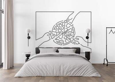 People eating pizza isolated line drawing, vector illustration design. Food collection. Wall mural