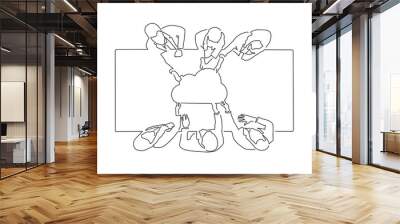 Teamwork isolated line drawing, vector illustration design. People using technology collection. Wall mural