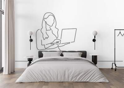 Woman using a laptop line drawing, illustration design. Technology collection. Wall mural