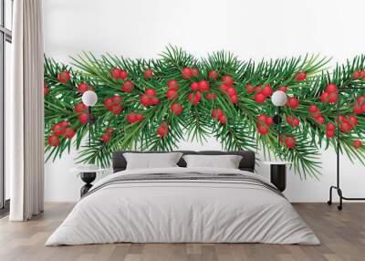  long garland of Christmas tree branches and red berries.. Realistic fir-tree border, frame isolated on white /without a shadow/. Great for christmas flyers, party posters Wall mural