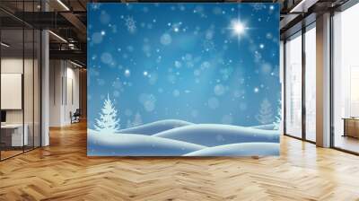 Shining Christmas star. Winter night. Snowstorm in the forest. Deep drifts and falling snowflakes. Christmas background. Wall mural