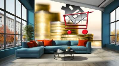 Consumer cart and house on a background of money . The concept of mortgage lending . Wall mural