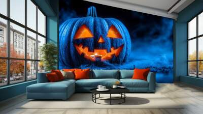 Glowing Jack o  Lantern with Blue Smoke and Cobwebs on Dark Background Wall mural